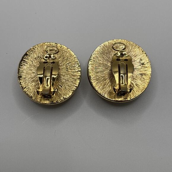 VTG Kenneth Lane L Faux Pearl Cabochon Rhinestone Black Enamel Clip On Earrings - Picture 5 of 8